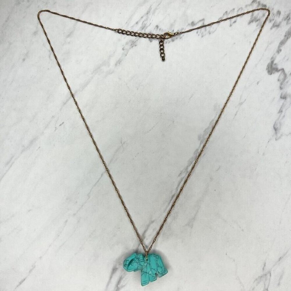 Gold Tone Faux Turquoise Trunk Up Good Luck Elephant Pendant Necklace
